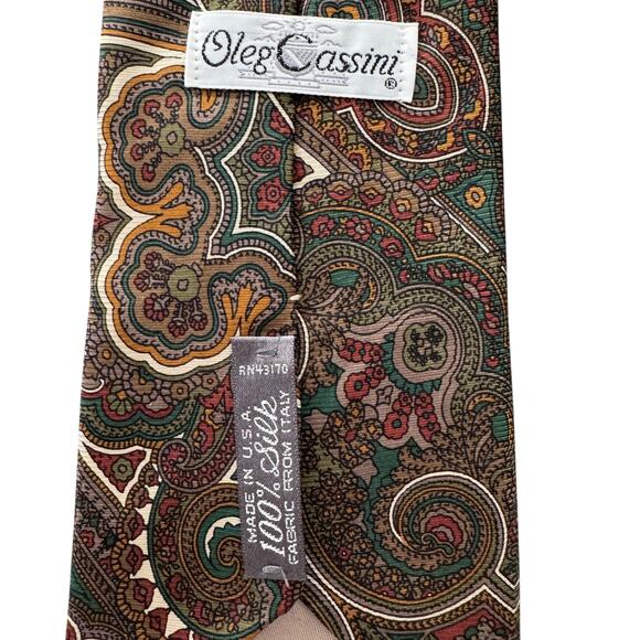 Vintage Oleg Cassini 100% silk classic paisley tie olive teal green gold 3.75" w - Picture 4 of 5